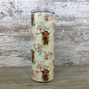Floral Highland Cow 20 oz Skinny Tumbler with Straw & Lid